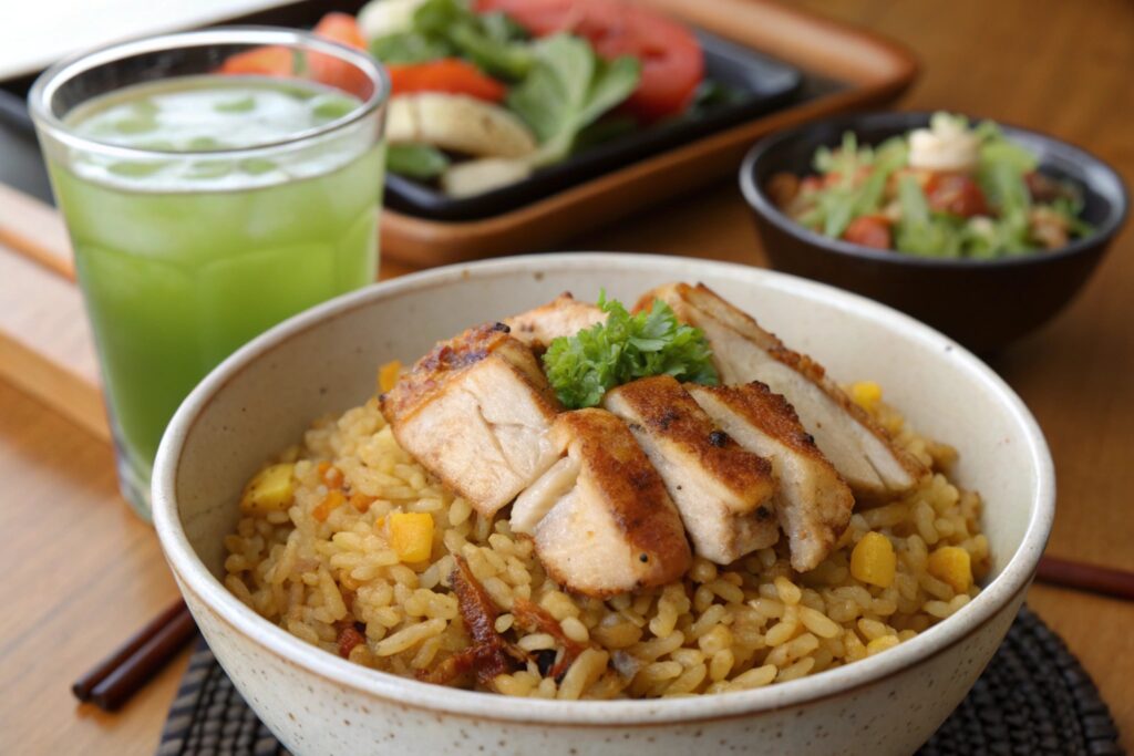 Japanese chicken fried rice served with green tea and a side salad.