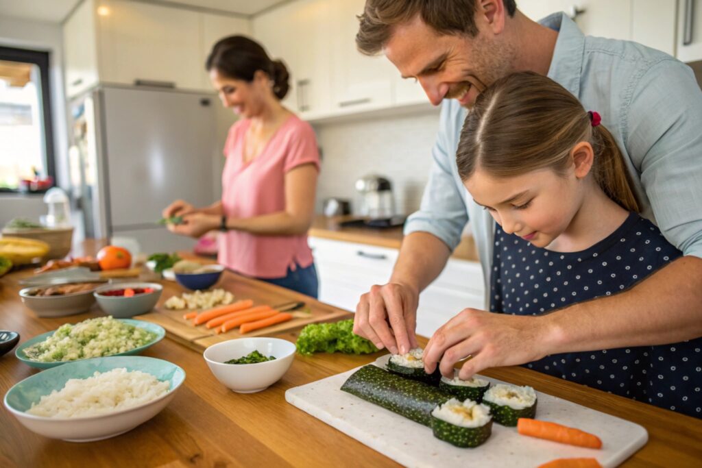 Family kitchen preparation of authentic Japanese recipes, including sushi rolls and fresh ingredients.