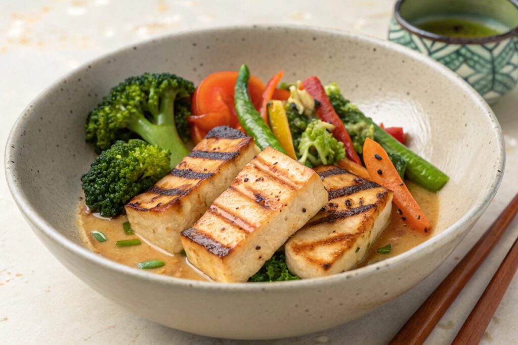 Vegan Japanese recipes with grilled tofu, steamed vegetables, and a light soy-based dressing.