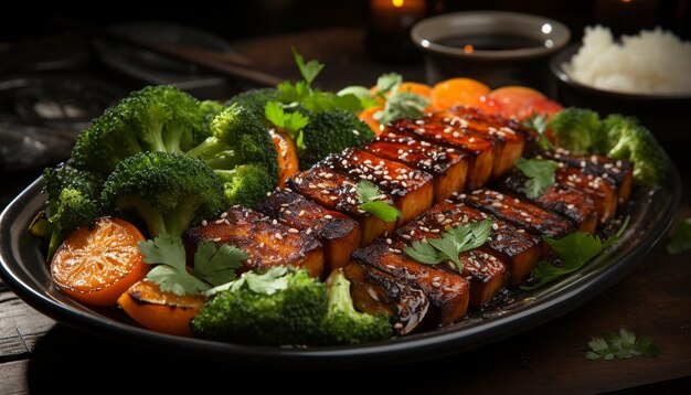 Finished Japanese BBQ sauce chicken skewers neatly arranged on a rectangular ceramic plate, garnished with sesame seeds, green onions, and served with lemon wedges