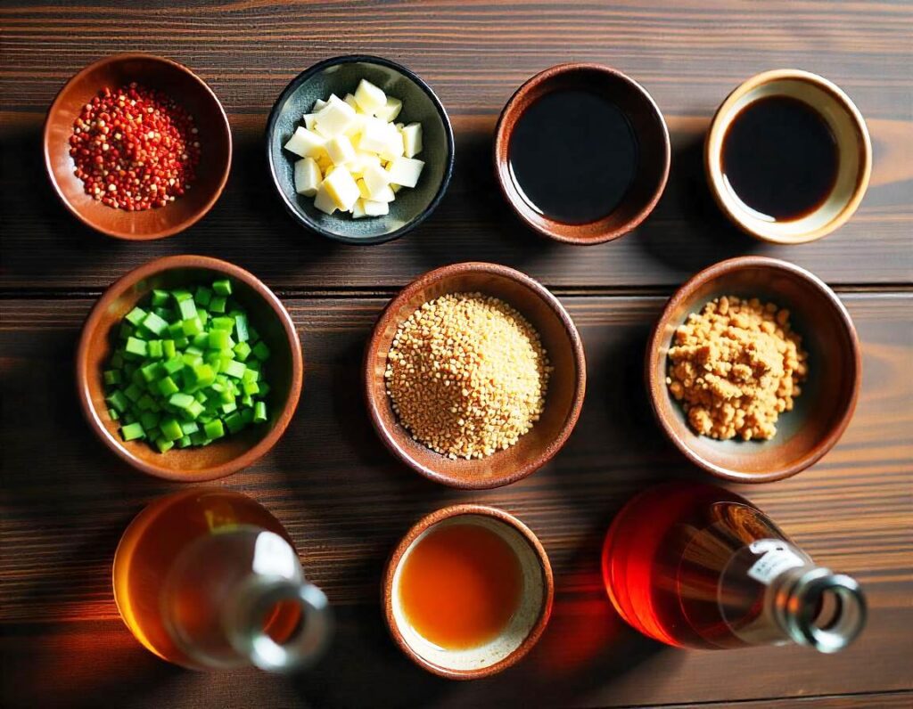 Préparation des ingrédients pour la marinade japonaise : sauce soja, mirin, sake, sucre brun, ail, gingembre, huile de sésame, oignons verts, graines de sésame et flocons de piment rouge disposés sur une table en bois.