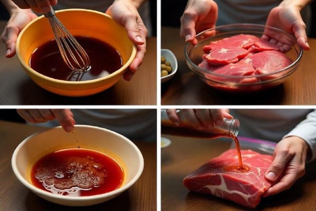Étapes de la marinade des côtes de bœuf : verser la marinade sur la viande et sceller le sac avant de le placer dans le réfrigérateur pour mariner.