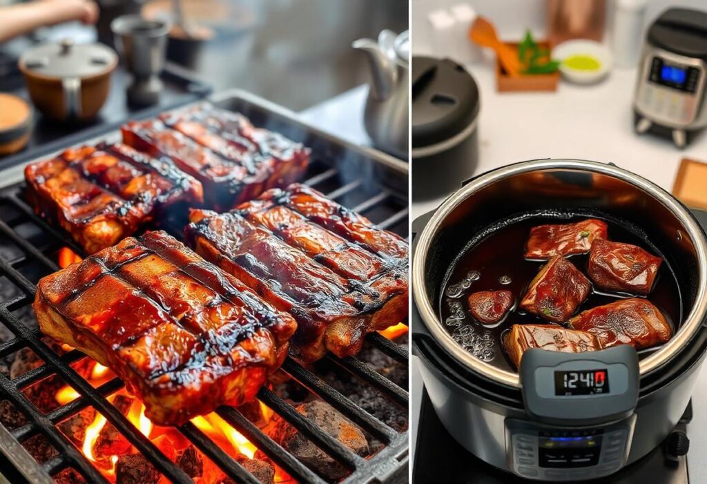 A. Grilling the Marinated Short Ribs:
"Marinated beef short ribs grilling with visible grill marks and smoke rising, set in a traditional Japanese grilling environment."

B. Braising the Short Ribs:
"Beef short ribs searing in a cast-iron pot on the stovetop, then submerged in a dark braising liquid with simmering bubbles."

C. Instant Pot Method:
"Marinated short ribs inside an open Instant Pot, surrounded by marinade, then sealed and set to cook in a modern kitchen environment."