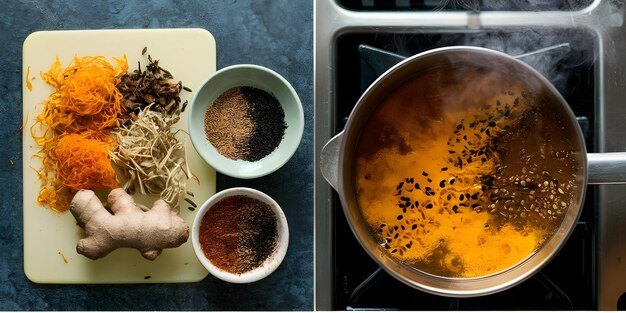 Soy sauce, mirin, sake, garlic, and ginger simmering together in a saucepan on the stove