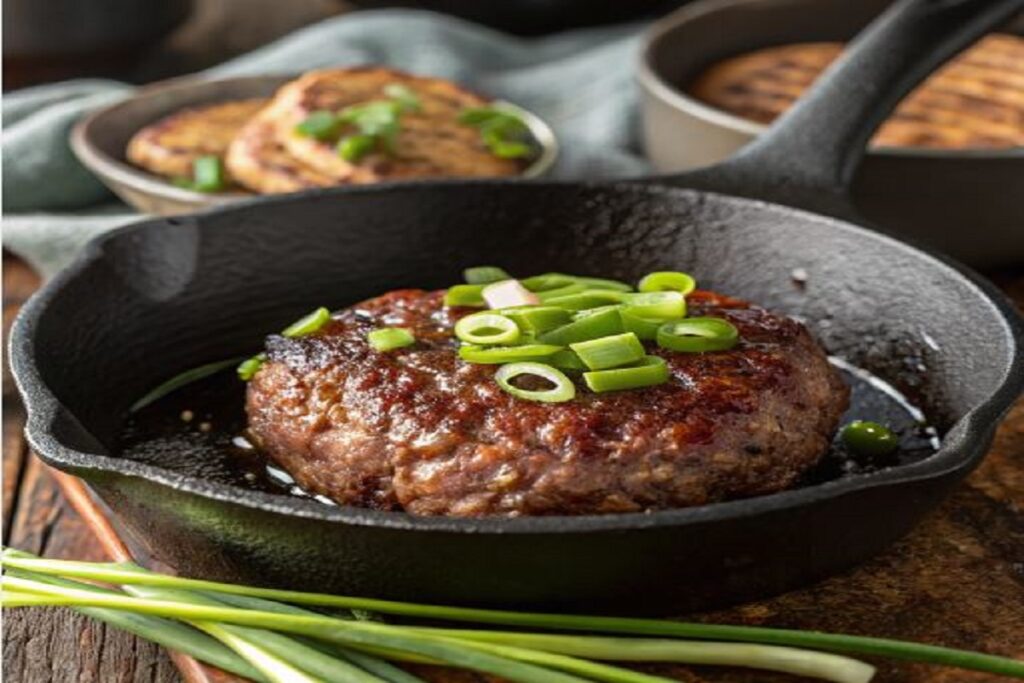 Minced beef patty cooking in cast-iron pan