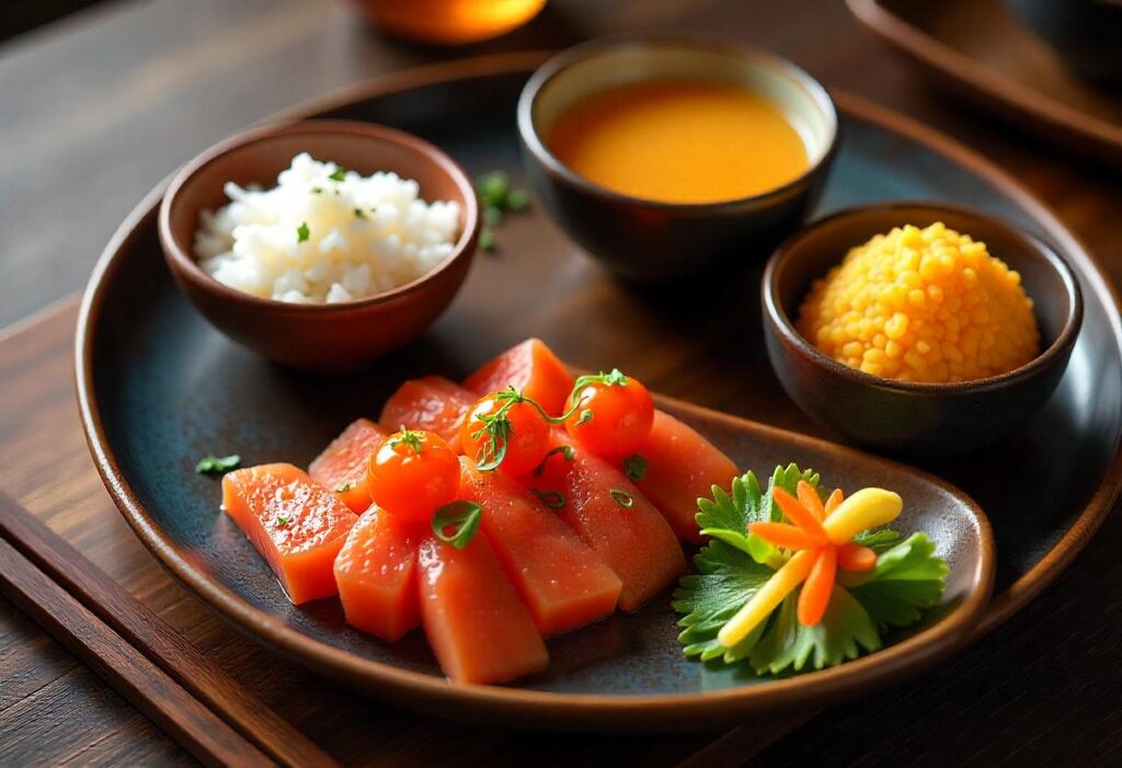 Array of Japanese side dishes complementing minced beef