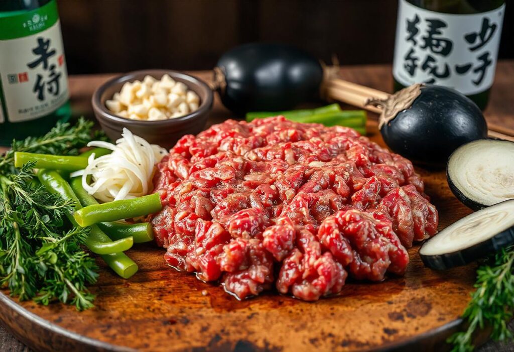  image of high-quality ground beef and fresh ingredients used in Japanese recipes