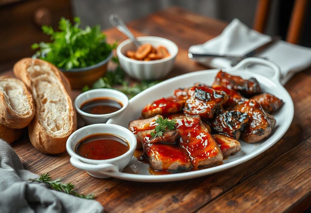 Table joliment dressée avec viande grillée, sauce barbecue japonaise et garnitures