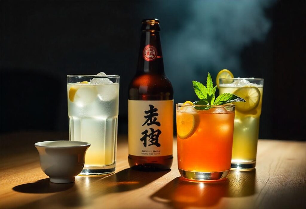 A selection of beverages for pairing with barbecue: sake, and iced green tea, displayed on a rustic table