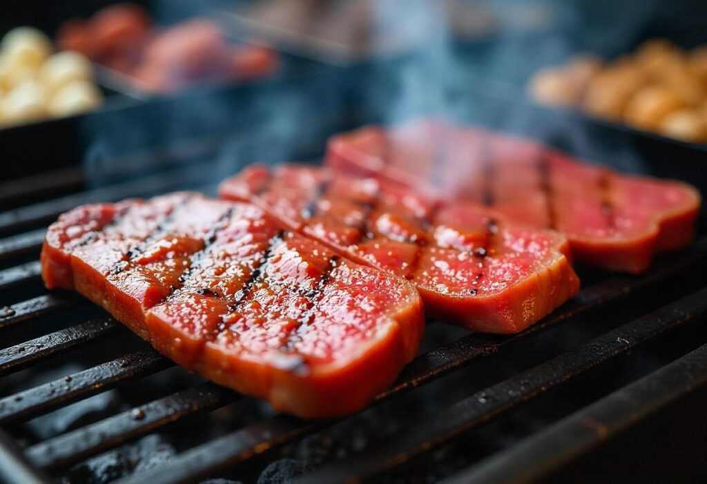 Thin slices of beef grilling on a barbecue, glazed with yakiniku sauce, showing caramelized grill marks.