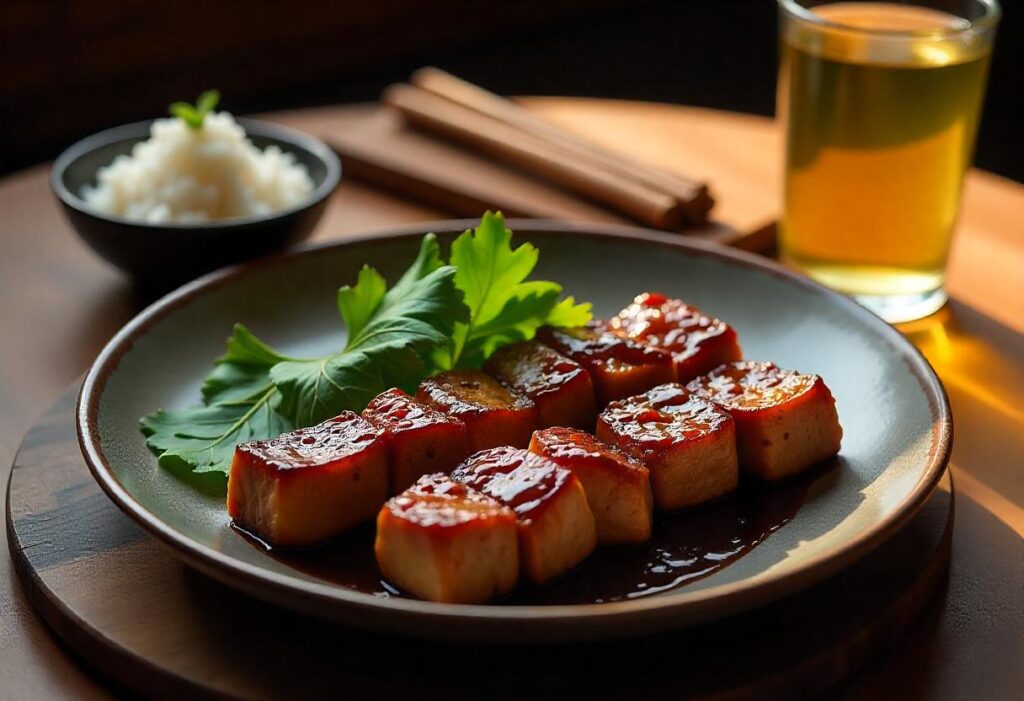 Assiette finale de grillades laquées avec sauce barbecue japonaise, riz et thé vert.