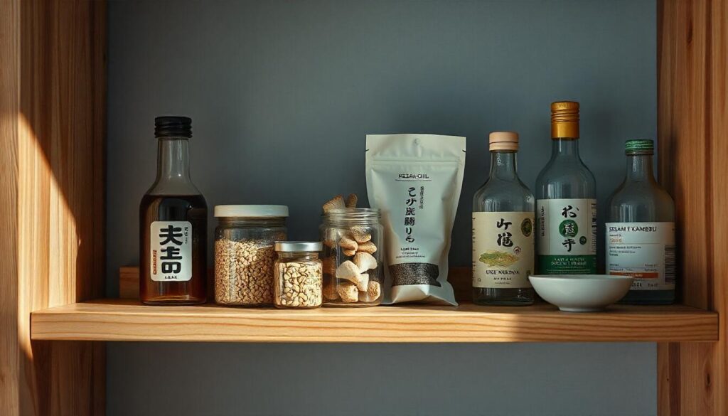 Key vegan Japanese pantry staples, including miso, tamari, dried shiitake, and kombu, displayed on a wooden shelf.