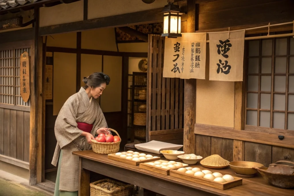 A vintage Japanese bakery scene from the 19th century showing apples and traditional baking tools.