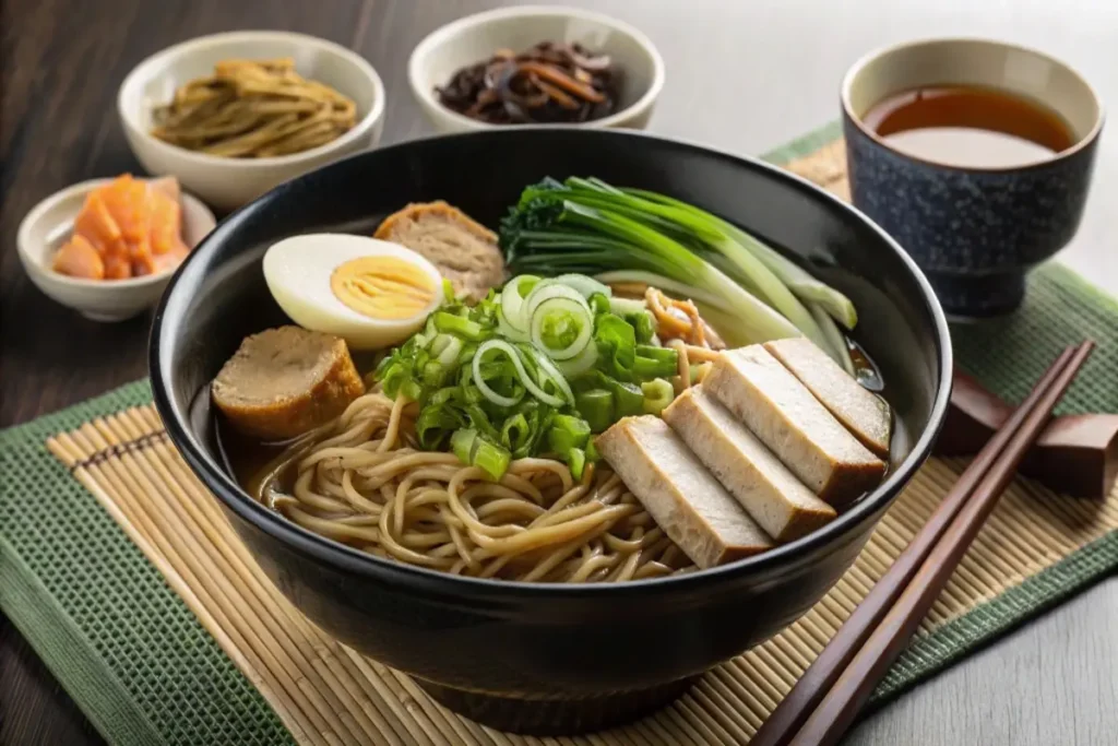 Bol de ramen végétalien, fruits et thé vert, prêts à être savourés. vegan japanese recipes