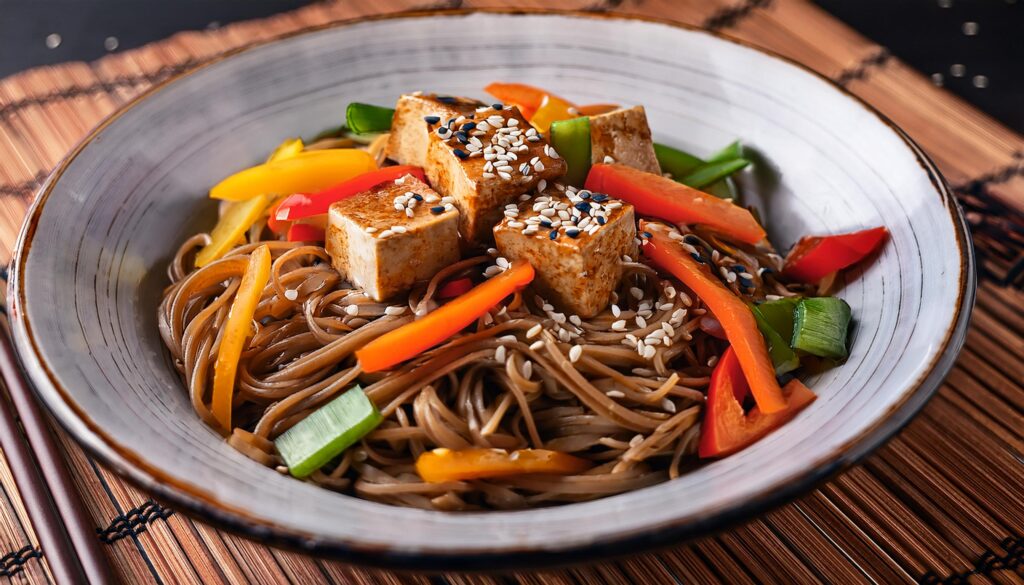 Bol de soba sans gluten garnies de tofu mariné et légumes colorés.