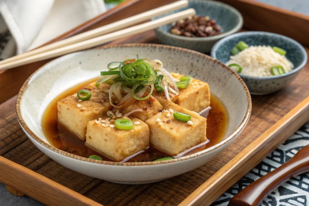 Agedashi tofu served in a bowl with green onions and bonito flakes, beautifully plated on a traditional Japanese table.