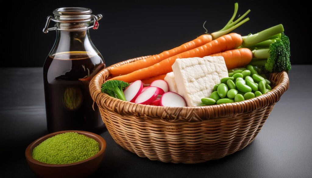 Panier de légumes locaux et tofu, symbolisant une approche culinaire durable.