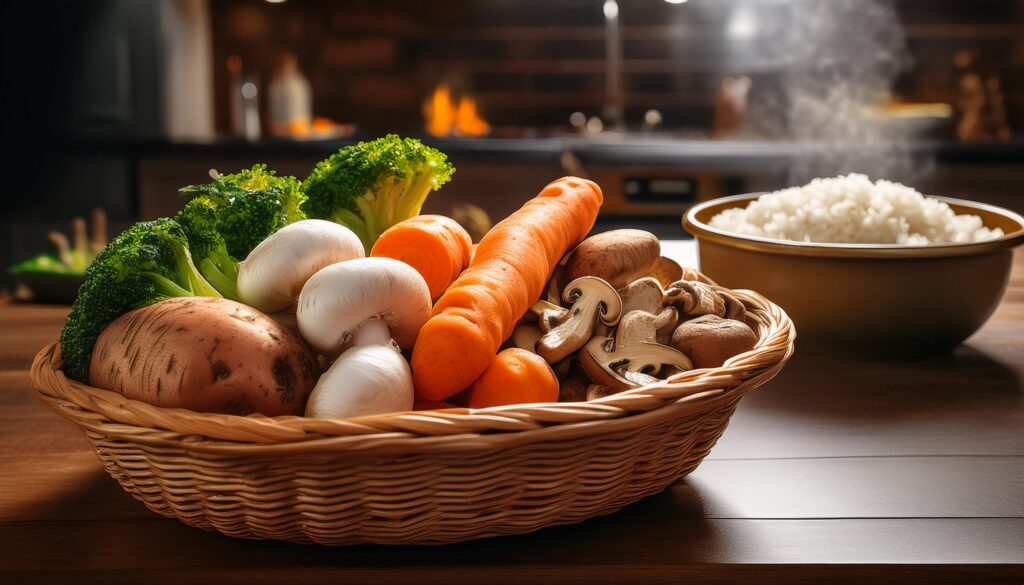 Panier de légumes de saison prêts à être cuisinés dans des plats végétaliens.