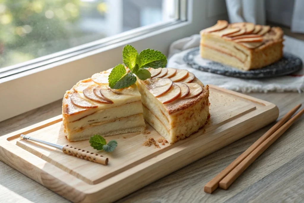 A beautifully layered invisible apple cake sliced to show delicate apple layers.