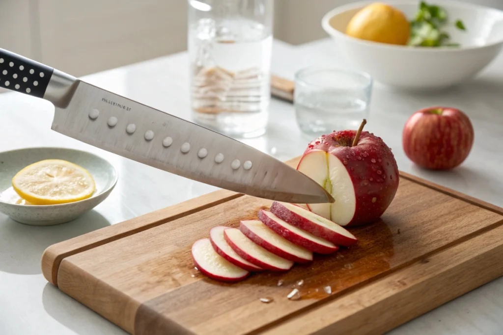 A Japanese chef’s knife slicing a red apple into paper-thin slices.