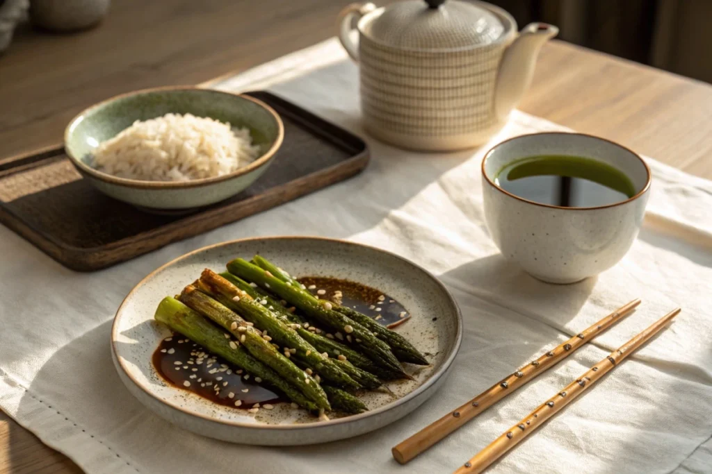 A dinner table featuring grilled asparagus with soy-sesame dressing, accompanied by rice and green tea.