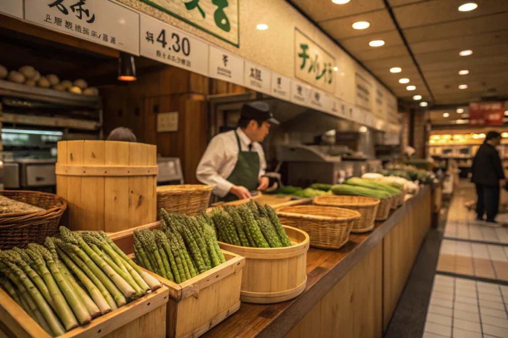 A timeline collage: historical foreign produce market, modern asparagus harvest in Hokkaido, and a present-day Japanese kitchen scene.