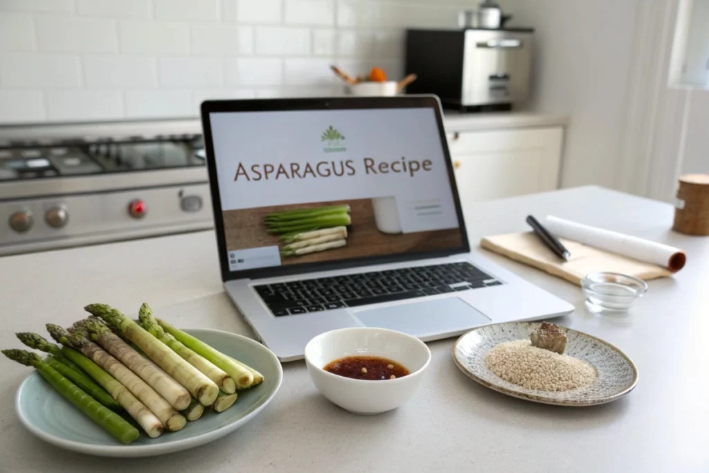 A laptop showing a Japanese asparagus recipe beside soy sauce, sesame seeds, and blanched asparagus ready to be seasoned.