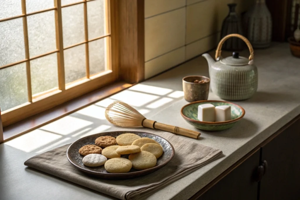 A plate of assorted Japanese butter cookies on a warm, minimalistic kitchen counter.