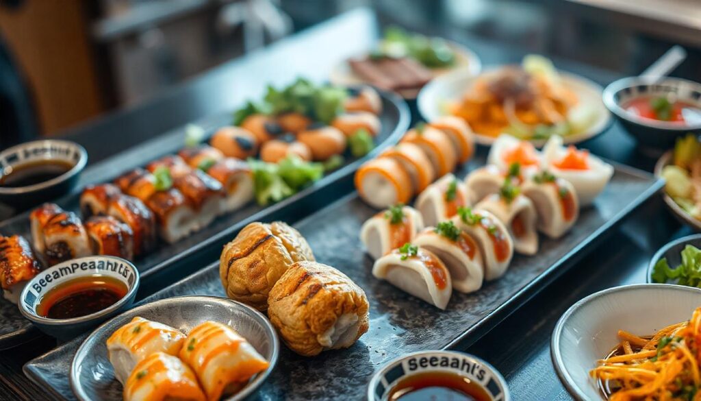 Variety of popular Japanese dishes including grilled skewers, sushi, dumplings, and salads, each elegantly presented with small dipping bowls of different Bachan's Japanese sauces in a clean and appetizing setting.
