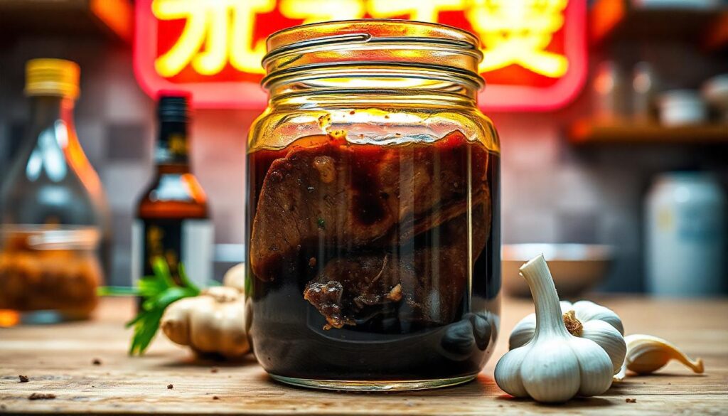 Classic Japanese Ribeye Steak in a clear glass jar surrounded by soy sauce, mirin, sake, brown sugar, fresh ginger, and garlic in a rustic kitchen setting.