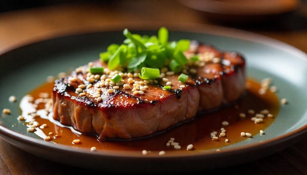 
"Grilled ribeye steak glazed with soy-based marinade, elegantly plated with sesame seeds and scallions under natural lighting, showcasing the glossy glaze and rich color of the steak.