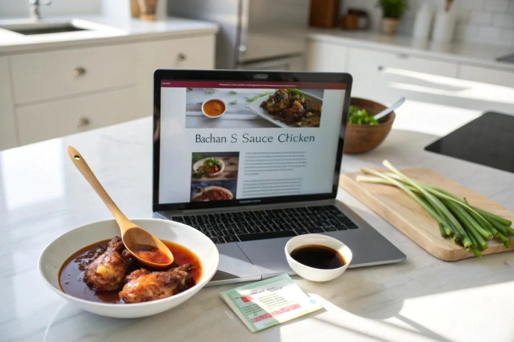 A laptop showing a Bachan’s chicken recipe, with marinated chicken and green onions on a kitchen table
