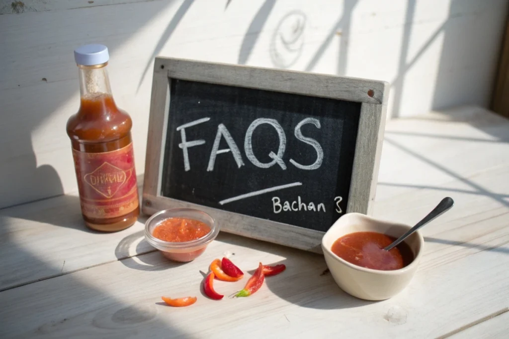 A chalkboard labeled ‘FAQs’ beside Bachan’s sauce and chili peppers on a wooden table
