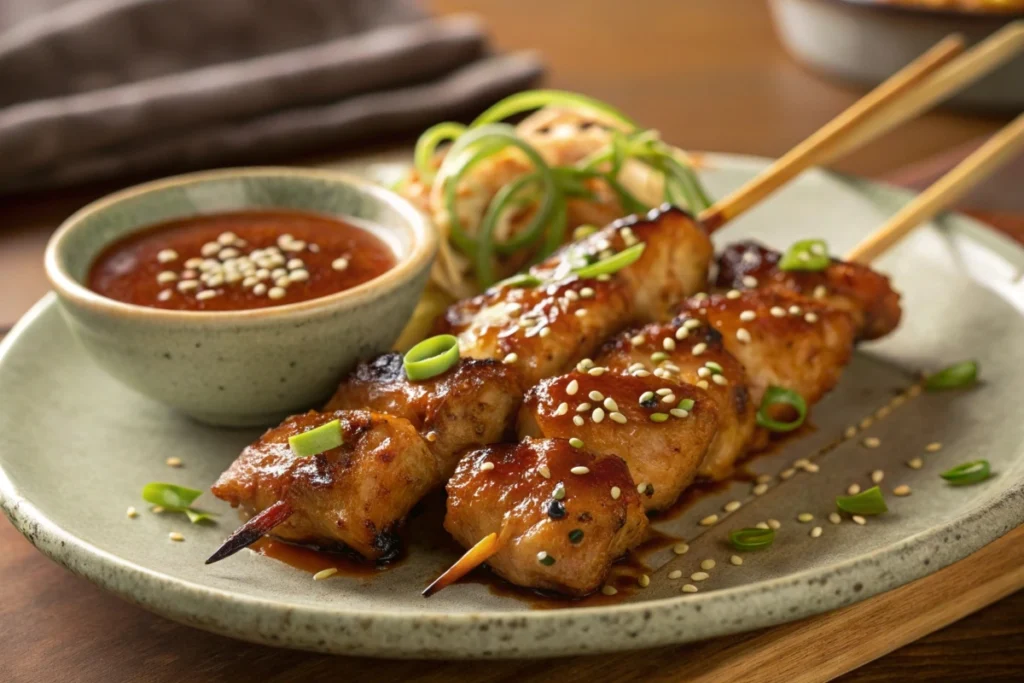 Glazed chicken skewers brushed with Bachan’s Japanese BBQ sauce, garnished with sesame and green onions
