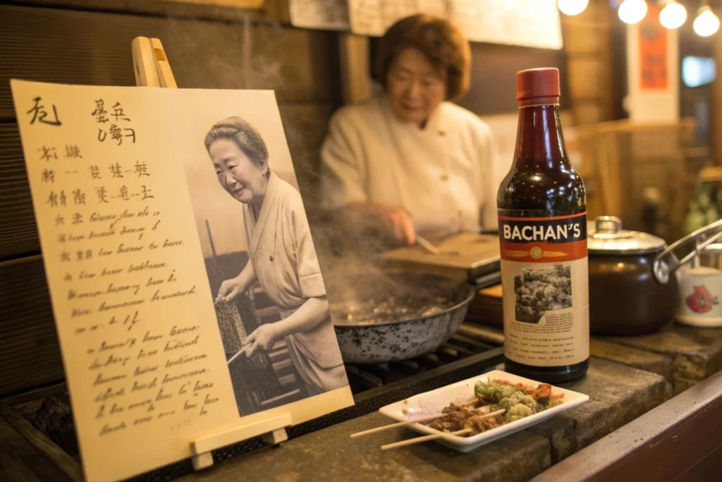 A historical collage showing a Japanese grandmother’s charcoal grill, handwritten recipes, and a modern Bachan’s sauce bottle
