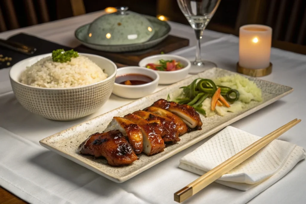 A dinner table featuring grilled chicken with Bachans Japanese Sauce Recipes, rice, and pickled vegetables for an authentic Japanese meal
