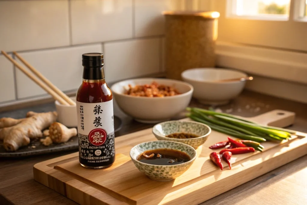 A bottle of Bachan’s Japanese BBQ sauce with fresh ginger, soy, and peppers on a wooden countertop
