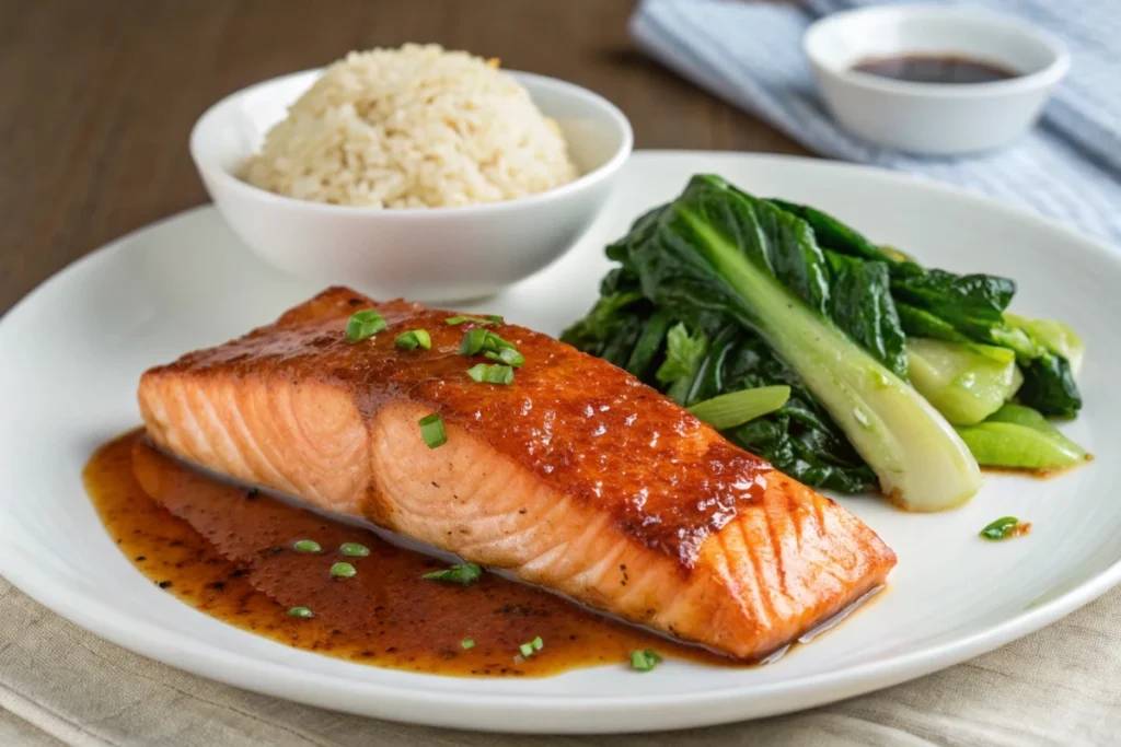 A glazed salmon fillet with Bok choy and rice, beautifully complemented by Bachan’s sauce
