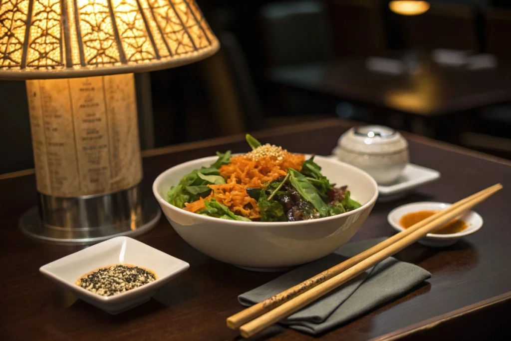 A dinner table featuring a salad dressed in carrot ginger dressing, with sesame seeds and chopsticks for an inviting meal.