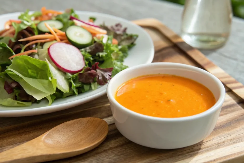 A bowl of bright orange Japanese carrot ginger dressing next to fresh mixed greens, ready to be served.