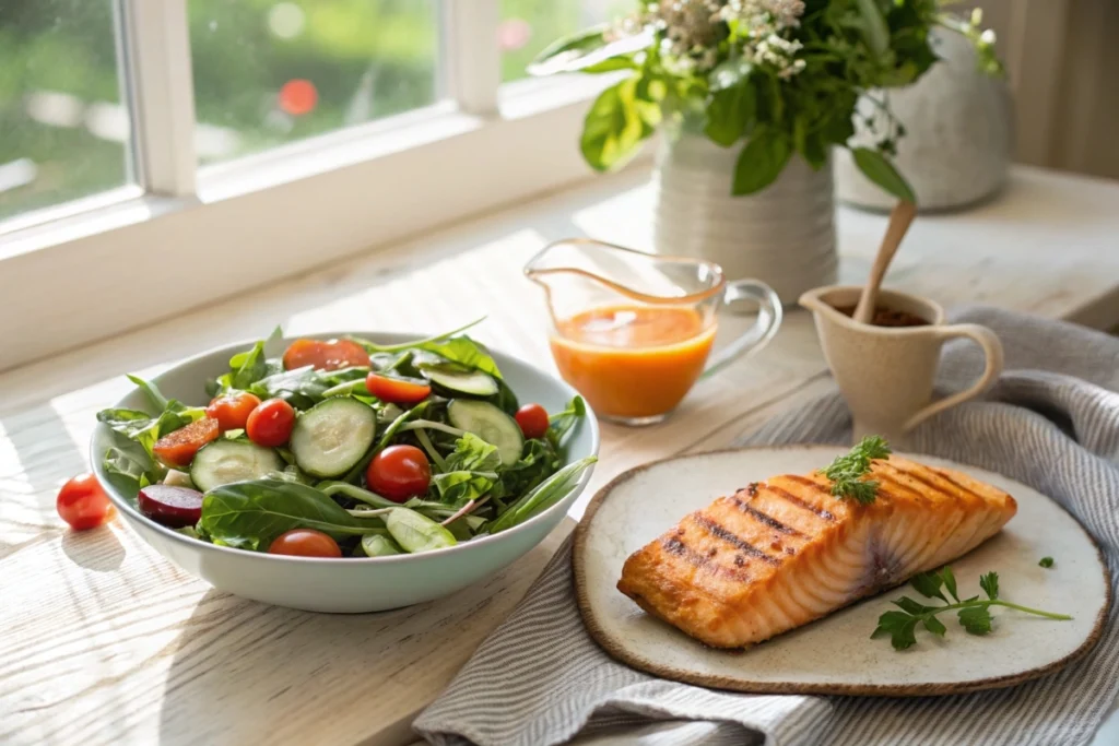 A dinner table featuring a fresh salad, grilled salmon, and a small pitcher of carrot ginger dressing for a balanced, flavorful meal.