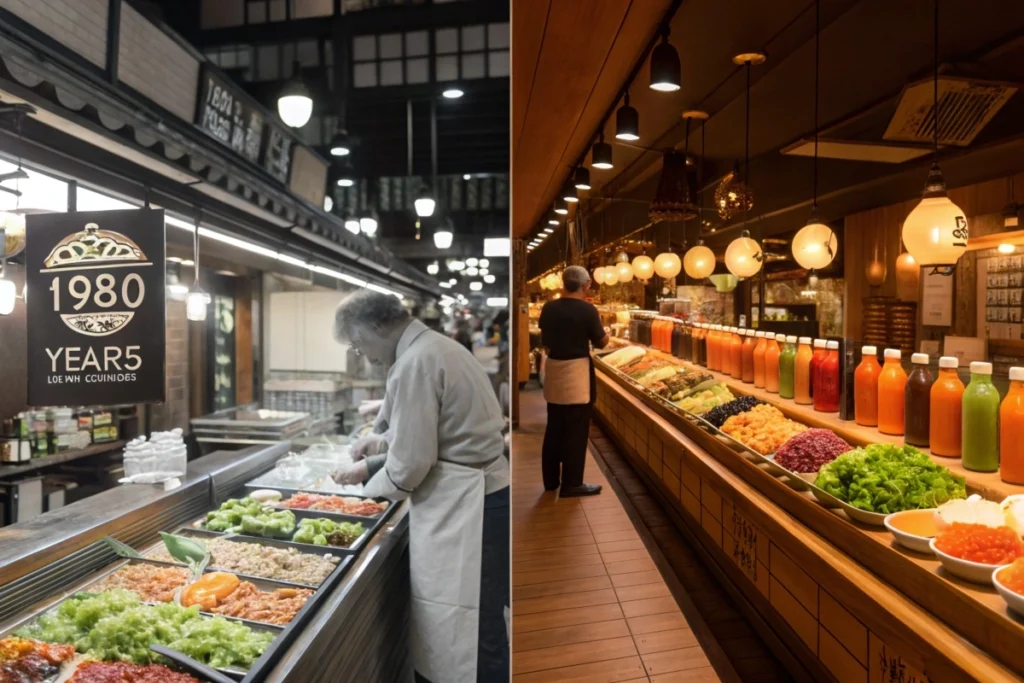 A timeline collage showing the evolution of Japanese salad culture, from traditional markets to modern restaurants serving carrot ginger dressing.