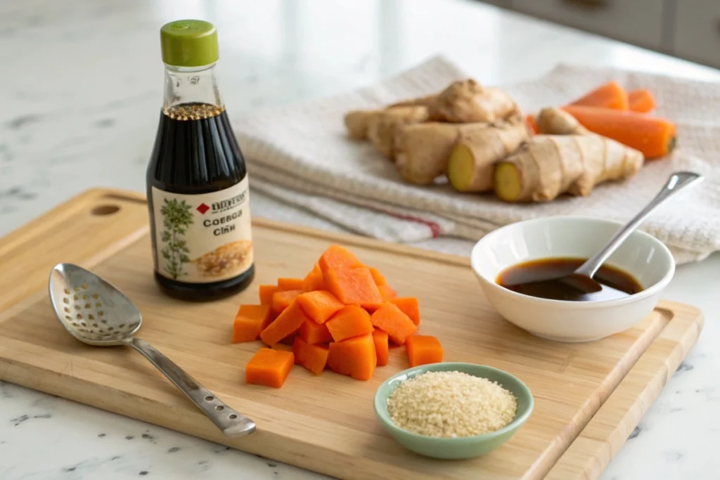 Prepped ingredients for Japanese carrot ginger dressing, including carrots, ginger, soy sauce, rice vinegar, and miso.