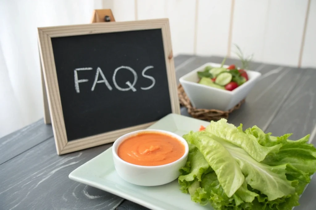 A chalkboard labeled ‘FAQs’ beside a bowl of carrot ginger dressing and fresh lettuce leaves, ready for Q&A.