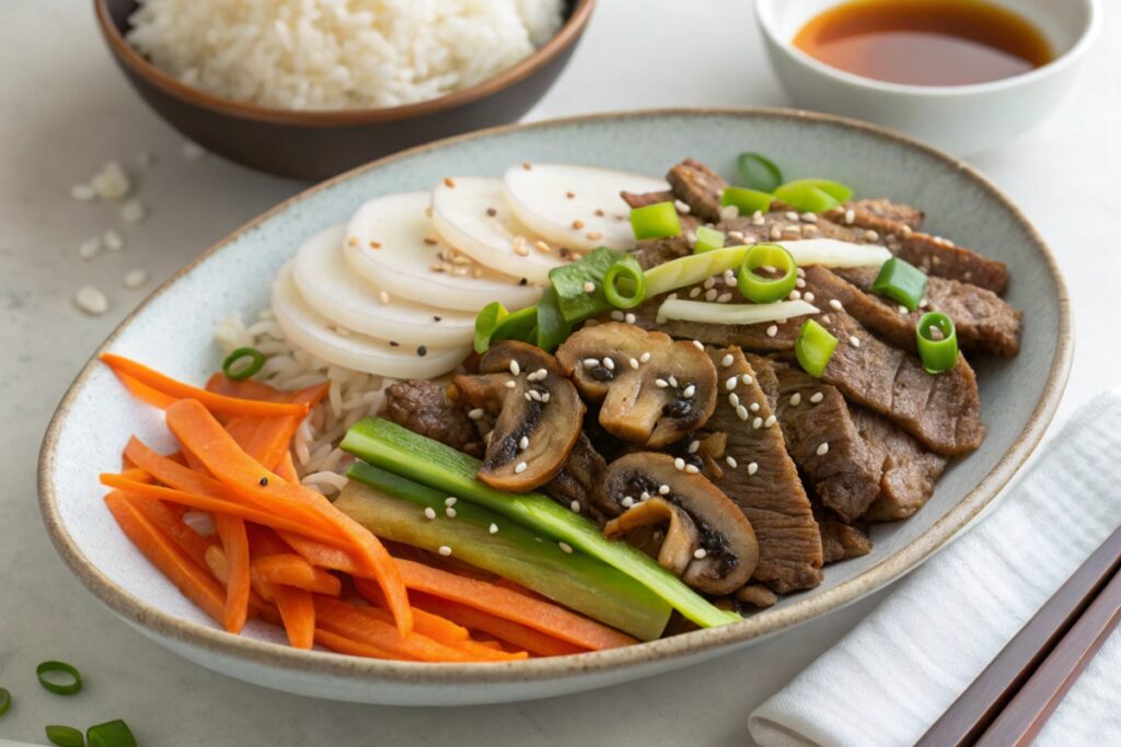 Sliced traditional Japanese beef served with daikon radish, shiitake mushrooms, carrots, and garnished with green onions and sesame seeds.