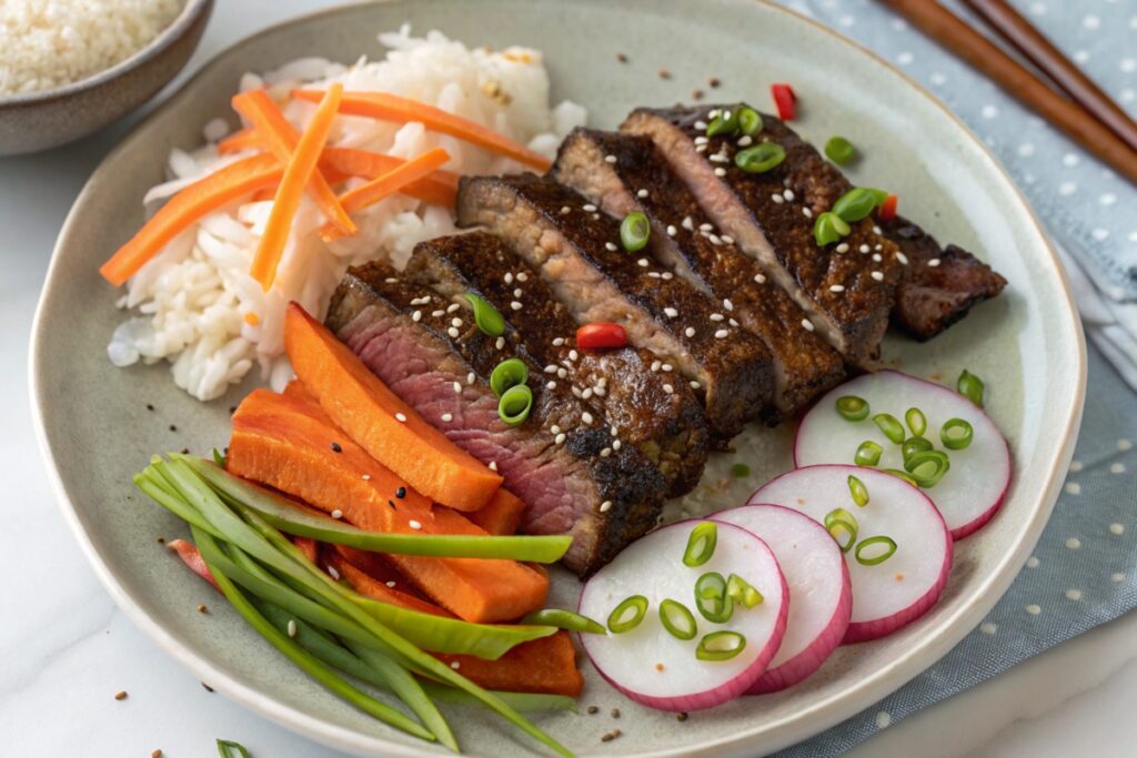 Sliced Japanese beef short ribs served with glazed vegetables and garnished with green onions and sesame seeds.