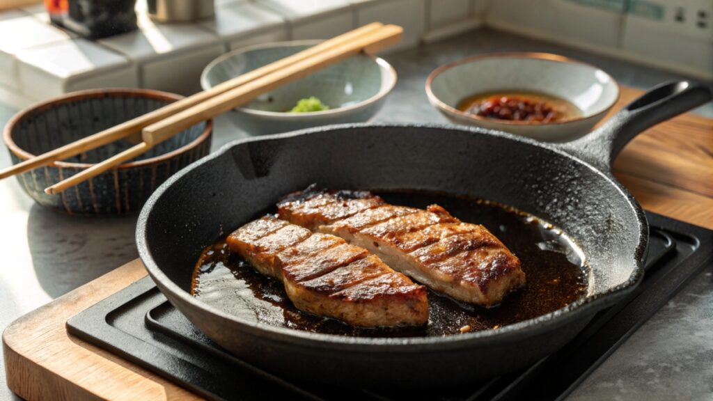 Marinated Japanese steak searing in a hot cast-iron skillet, developing a rich crust.
