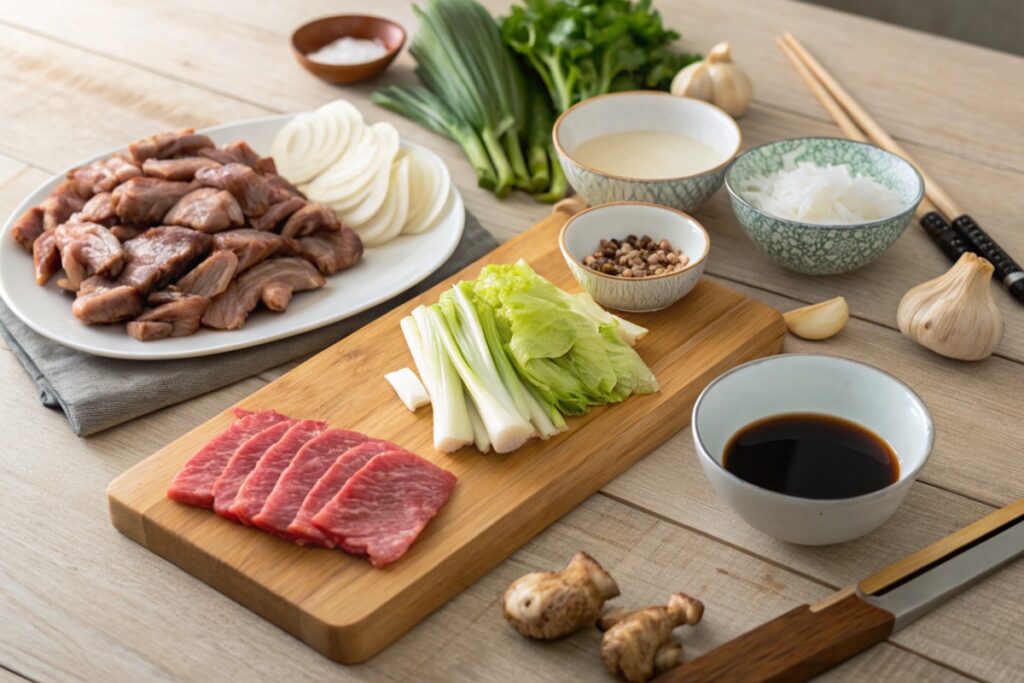 Neatly arranged ingredients for a traditional Japanese dish on a wooden countertop, featuring beef, vegetables, and seasonings