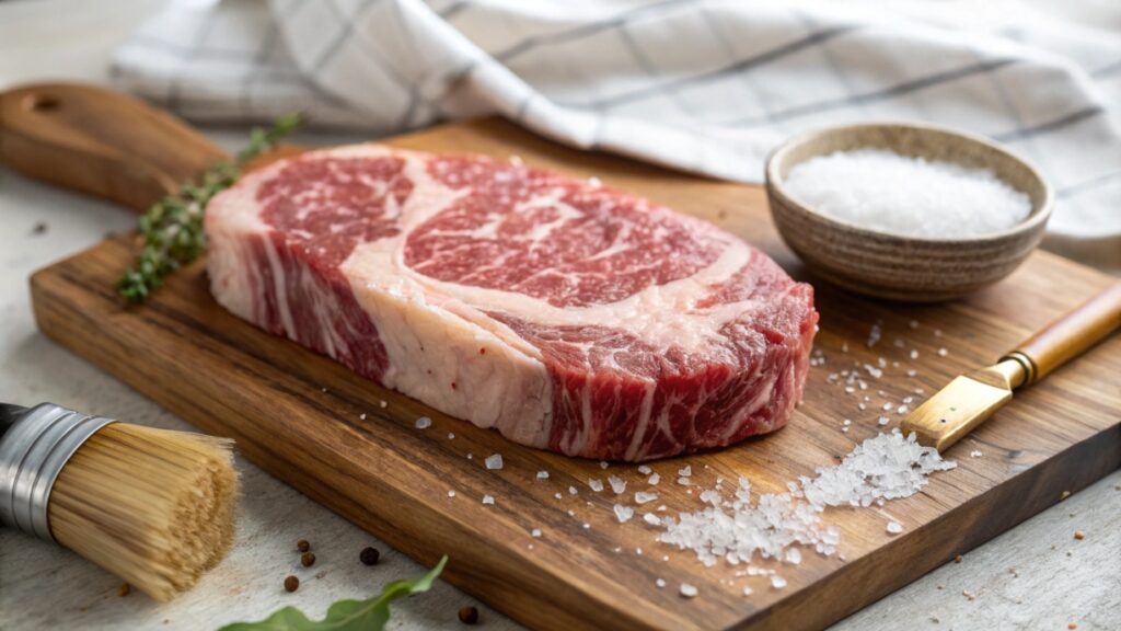 Raw Wagyu steak showing intricate marbling, ready for Japanese-style preparation.