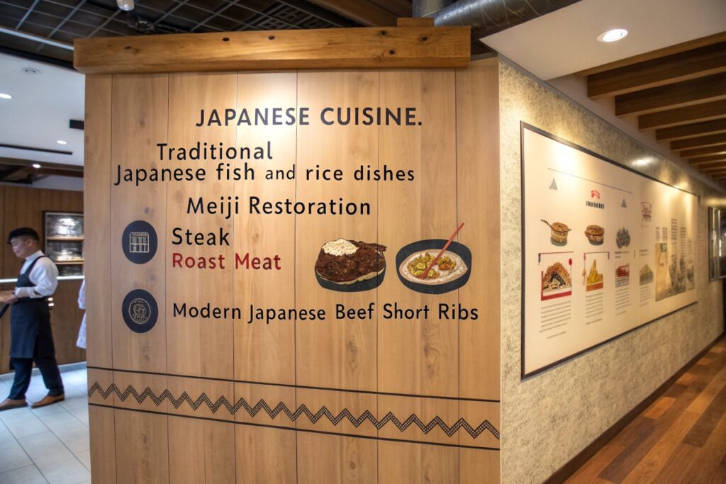 Timeline showing the evolution of Japanese cuisine from traditional fish and rice dishes to modern Japanese beef short ribs.